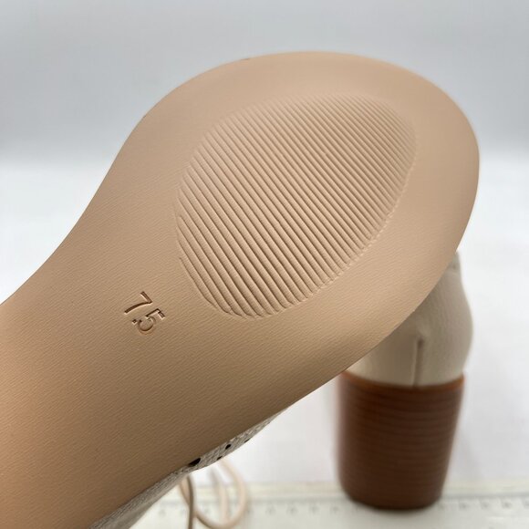 FOWT Beige Perforated Lace-Up Oxfords Almond Toe Mid Chunky Heel Brogues Shoes - Picture 6 of 8